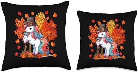 Unicorn Cute Pilgrim Thanksgiving Fall Tree Lover Kid Family Throw Pillow - Image 3