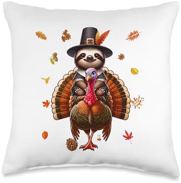 Sloth Riding Turkey Thanksgiving Fall Leaves Owner Kids Throw Pillow by Unknown