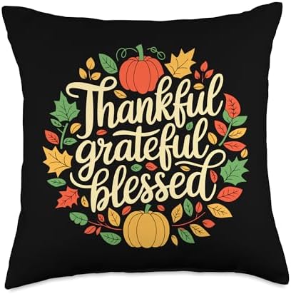Thankful Grateful Blessed, Friendsgiving Thanksgiving Throw Pillow by HadleyDesigns