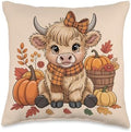 Rustic Farmhouse Highland Cow Pumpkin Fall Thanksgiving Throw Pillow by Unknown