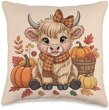 Rustic Farmhouse Highland Cow Pumpkin Fall Thanksgiving Throw Pillow by Unknown