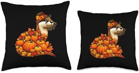 Fall Leaves Pumpkins Otter Cute Shape Thanksgiving Animal Throw Pillow - Image 3