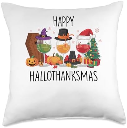 halloween thanksgiving christmas happy hallothanksmas glass Throw Pillow by Unknown