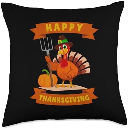 Funny Turkey Pilgrim Farmer Pumpkin Happy Thanksgiving Throw Pillow by Unknown