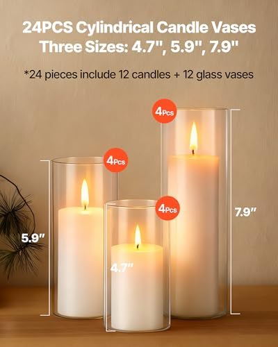 VEVOR Pillar Candles and Glass Vases Set 24 Pcs, Clear Cylinder Hurricane Candle Holders for Wedding Centerpieces, Tall Vase for Table Decor, Wedding Party, Thanksgiving,White (2.56" x 4.7",5.9",7.9") - Image 2
