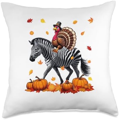 Turkey Riding Zebra Thanksgiving Fall Leaves Pumpkins Throw Pillow by Unknown