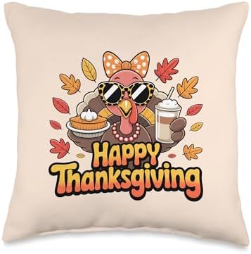 Turkey Drinking ice Coffee Thanksgiving Bow Women Turkey Day Throw Pillow by Unknown