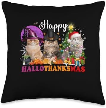Happy Hallothanksmas Thanksgiving Christmas Cat Halloween Christmas Happy Hallothanksmas Thanksgiving Throw Pillow, 16x16, Multicolor by Unknown