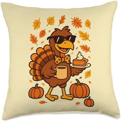 Funny Thanksgiving Turkey Cartoon Pumpkin Pie Throw Pillow by Unknown