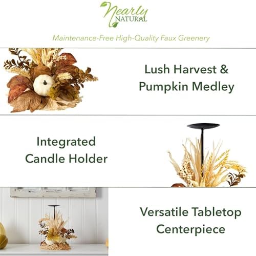 Nearly Natural 12" Fall Harvest Pumpkin & Berries Candelabrum Centerpiece - Image 2