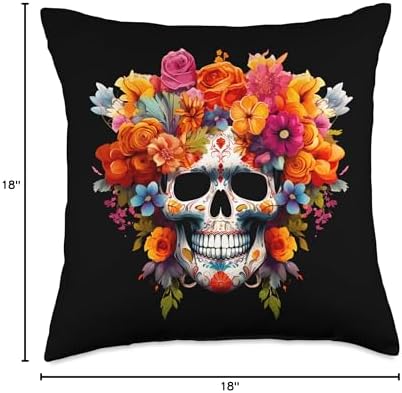 KIM101DESIGN THANKSGIVING DAY OF DEAD Dead Flower Sugar Skull Dia DE Los Muertos Mexico Day Throw Pillow, 18x18, Multicolor - Image 4