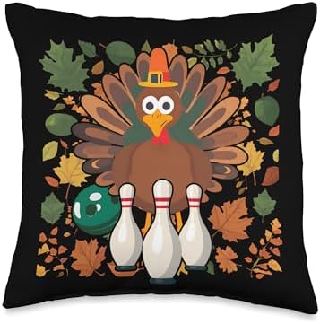 Bowling Turkey Thanksgiving Fun Autumn Bowlers Fall Leaves Throw Pillow by Unknown