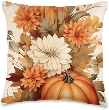 thanksgiving Vintage Autumn Flower Pumpkin Girl Women Fall Themed Throw Pillow, 16x16, Multicolor by Unknown