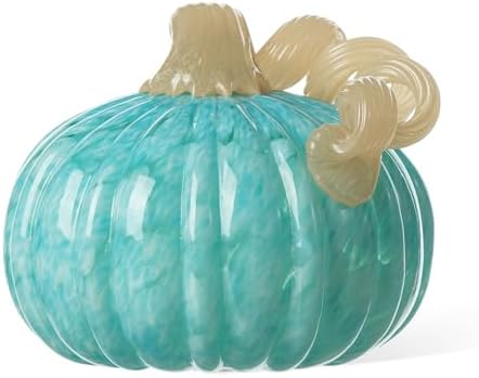Glitzhome Hand Blown Glass Pumpkin Decor 5" Turquoise - Artisan Fall Harvest Thanksgiving Table Centerpiece Halloween Home Decor