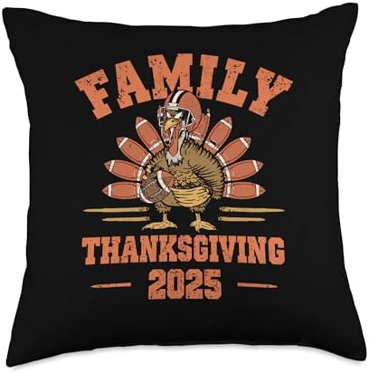 Happy Thanksgiving 2025 Funny Football Turkey Family Dinner Throw Pillow by Unknown
