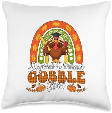 Daycare Provider Gobble Squad Thanksgiving Turkey Rainbow Throw Pillow by Unknown