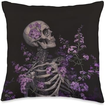 Gothic Skeleton Purple Flower Goth Grunge Halloween Skull Throw Pillow