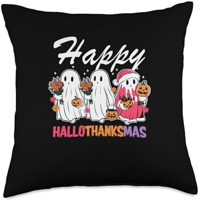 Halloween Thanksgiving Christmas HalloThanksMas Ghosts Throw Pillow by Unknown
