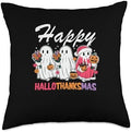 Halloween Thanksgiving Christmas HalloThanksMas Ghosts Throw Pillow by Unknown