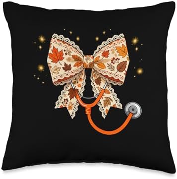 RN Fall Bow Stethoscope Autumn CNA ICU Thanksgiving Nurse Throw Pillow by Unknown