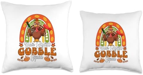 Hair Stylist Gobble Squad Thanksgiving Turkey Fall Rainbow Throw Pillow - Image 3