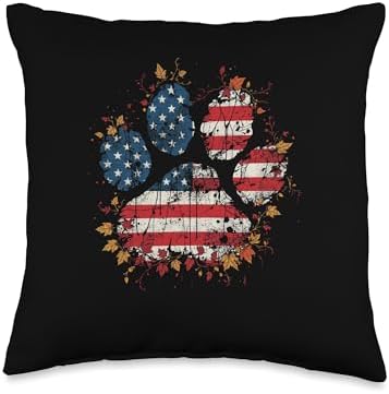 American Flag Fall Leaves Dog Paw Thanksgiving Family Dinner Throw Pillow by Unknown