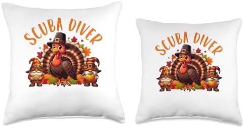 Scuba Diver Job Thanksgiving Turkey With Gnomes Fall Leaves Throw Pillow - Image 3