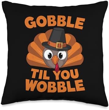 Gobble Til You Wobble Turkey Kids Funny Thanksgiving Throw Pillow by Unknown