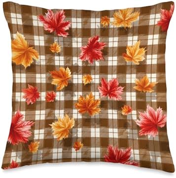 Brown Plaid Autumn Leaves Cozy Fall Season Thanksgiving Throw Pillow by Unknown