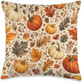 Vintage Autumn Pumpkin & Fall Leaves Pattern Throw Pillow by Unknown