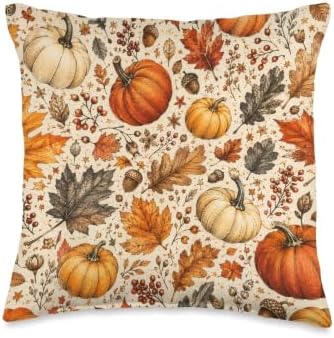 Vintage Autumn Pumpkin & Fall Leaves Pattern Throw Pillow by Unknown