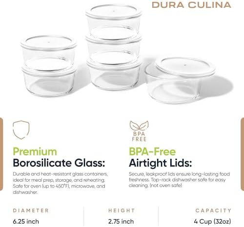 12-Piece Glass Food Storage Containers Set (6 Containers + 6 BPA-Free Lids) | 4-Cup, Leakproof | Microwave, Freezer, Oven & Dishwasher Safe | Ideal for Meal Prep & Pantry Organization, White