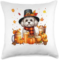 Maltipoo Thanksgiving Drinks Coffee Fall Leaves Pumpkins Throw Pillow by Unknown