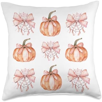 Coquette Bows Spider Pumpkin Thanksgiving Fall soft girl Throw Pillow by Unknown