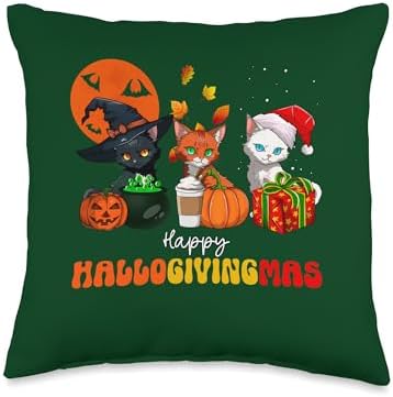 Three Holidays HalloGivingMas Men, Women, Kids HalloGivingMas Halloween, Thanksgiving, Christmas Cat Throw Pillow, 16x16, Multicolor by Unknown