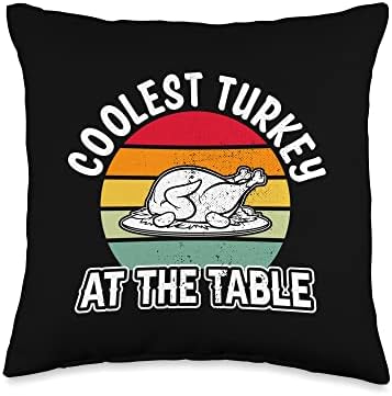 Coolest Turkey at the Table Funny Cute Thanksgiving Vintage Throw Pillow by Unknown