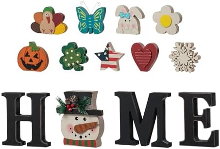 Glitzhome Interchangeable Home Sign with 10 Seasonal Icons Wooden Sign Table Top Shelf Decor for Holiday Farmhouse Door Welcome DIY Decor by Glitzhome