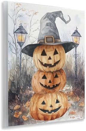 Stacked Jack O Lanterns Witch, 11 x 14 Inch Mounted Print on Wall Plaque