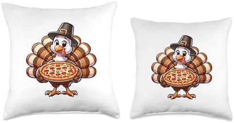 Kawaii Cartoon Turkey With A Pizza Design Cute Turkey with a Pizza Funny Thanksgiving Pilgrim Dinner Throw Pillow, 16x16, Multicolor - Image 3