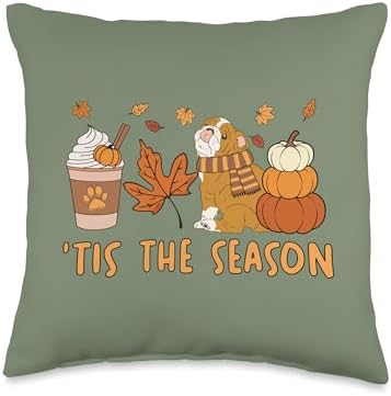 Tis The Season Bulldog Bully Dog Fall Autumn Pumpkin Coffee Throw Pillow by Unknown