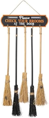 Glitzhome 42”H Halloween Porch Decoration Broom Parking Sign with 5 Wooden Witches Brooms, Please Check Your Brooms at the Door Porch Decor, Cute Hocus Pocus Hanging Decoration for Front Porch Wall - Image 7