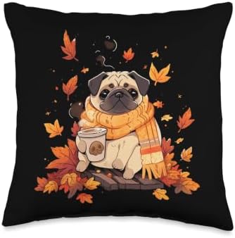 Pug Fall Autumn Leaves Pumpkin Spice Latte Dog Kawaii Throw Pillow by Unknown