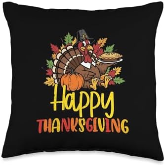 Happy Thanksgiving Turkey Pumpkin Pie Fall Women Men Kids Throw Pillow by Unknown