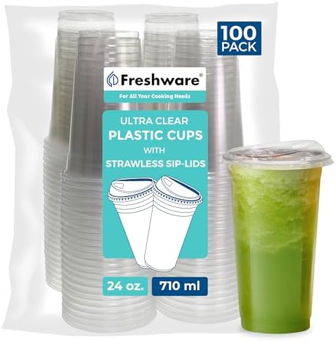 Freshware 24 oz Clear Disposable Plastic Cups with Strawless Sip Lids, 100 Pack Clear Plastic Tumblers, Heavy-duty Party Glasses, Disposable Cups for Thanksgiving, Halloween, Christmas Party by Freshware