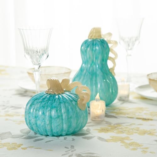 Glitzhome Hand Blown Glass Pumpkin Decor 5" Turquoise - Artisan Fall Harvest Thanksgiving Table Centerpiece Halloween Home Decor
