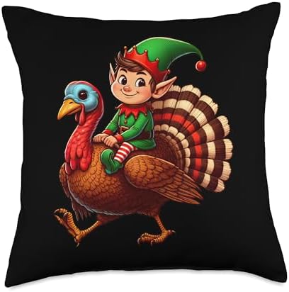 Funny Christmas Elf Riding Thanksgiving Turkey Xmas Party Throw Pillow by Unknown