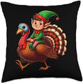 Funny Christmas Elf Riding Thanksgiving Turkey Xmas Party Throw Pillow by Unknown
