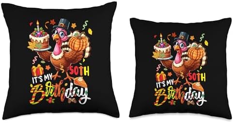 It's My 50th Birthday Thanksgiving Turkey Autumn Funny Party Throw Pillow - Image 3