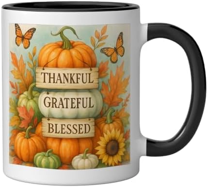 Thankful Grateful Blessed - Fall Pumpkin Family Thanksgiving Ceramic Mug, Black/White, 11oz - Image 2