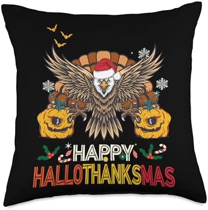 Happy HalloThanksMas Eagle Halloween Thanksgiving Christmas Throw Pillow by Unknown